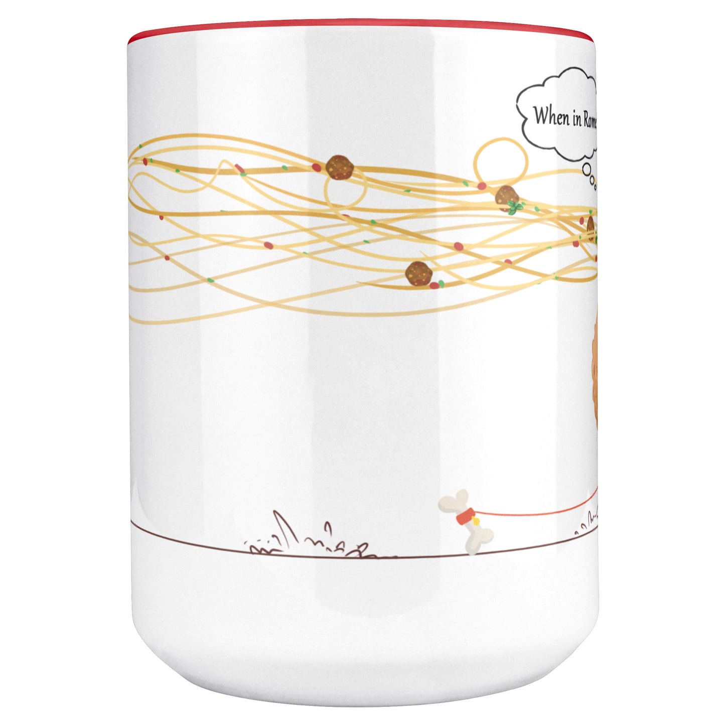 Coffee Mug - Unique - Rome - Pasta - Dog - Red - White - 15 oz
