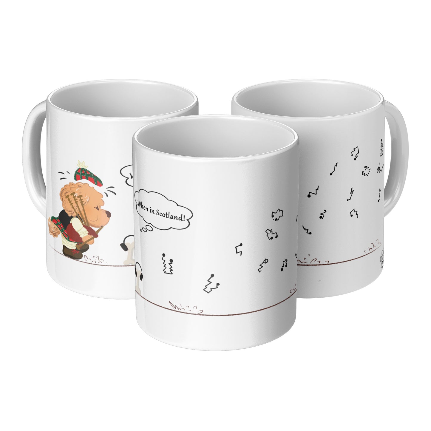 Coffee Mug - Unique - Scotland - Bagpipes - Dog - White - 11 oz