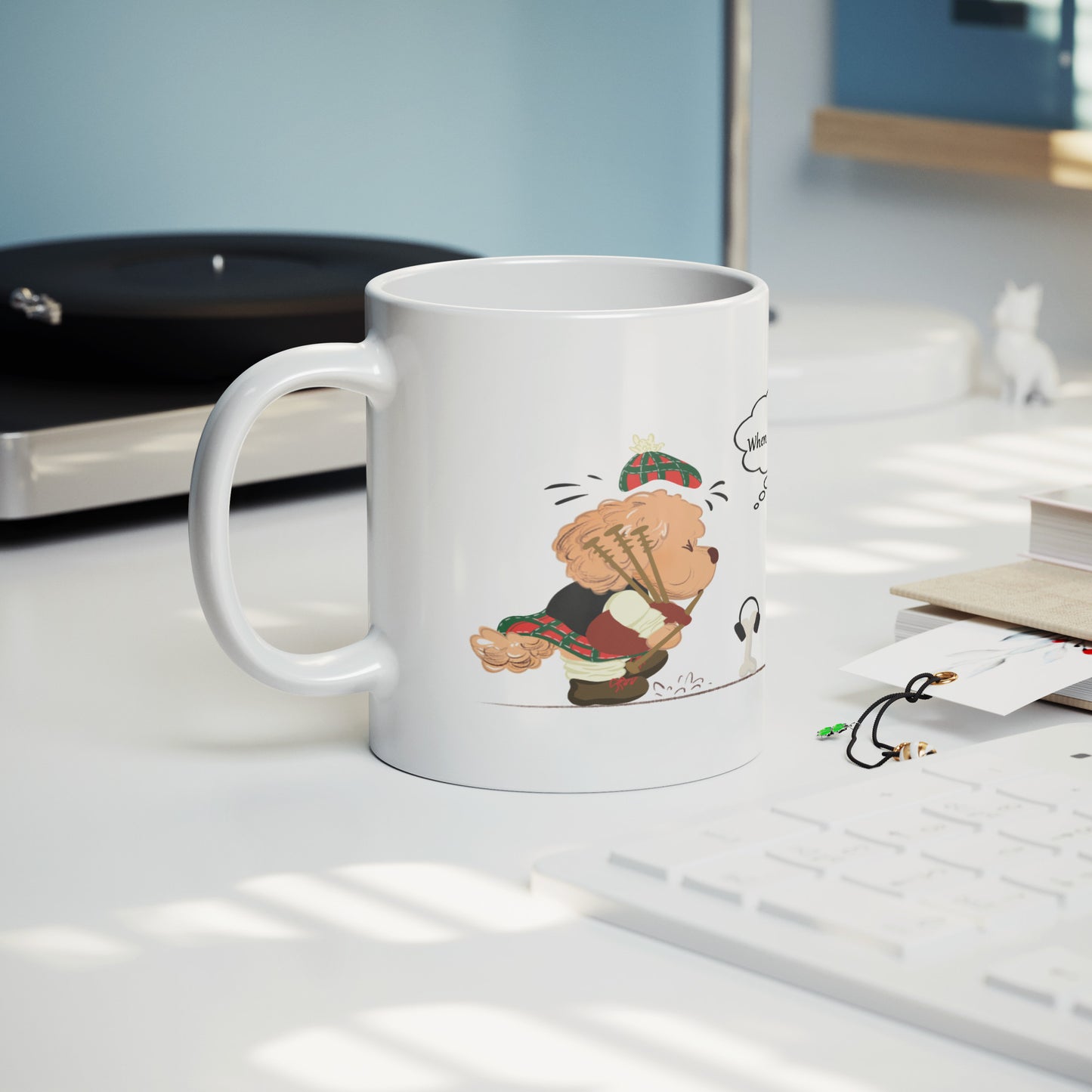 Coffee Mug - Unique - Scotland - Bagpipes - Dog - White - 11 oz