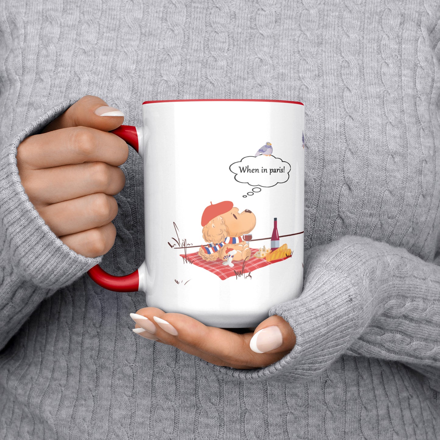 Coffee Mug - Unique - Paris - Picnic - Dog - Red - White - 15 oz