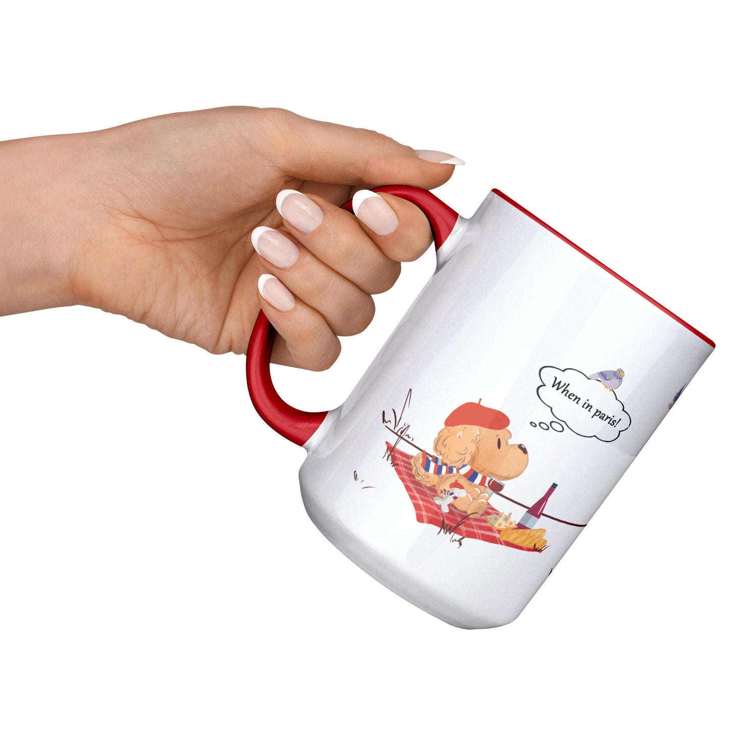 Coffee Mug - Unique - Paris - Picnic - Dog - Red - White - 15 oz
