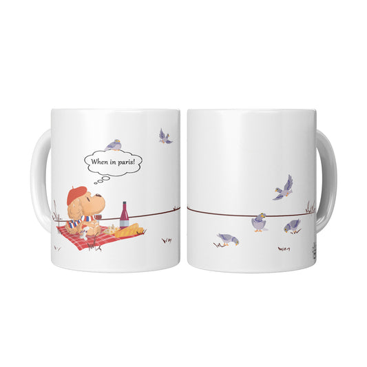 Coffee Mug - Unique - Paris - Picnic - Dog - White - 11 oz