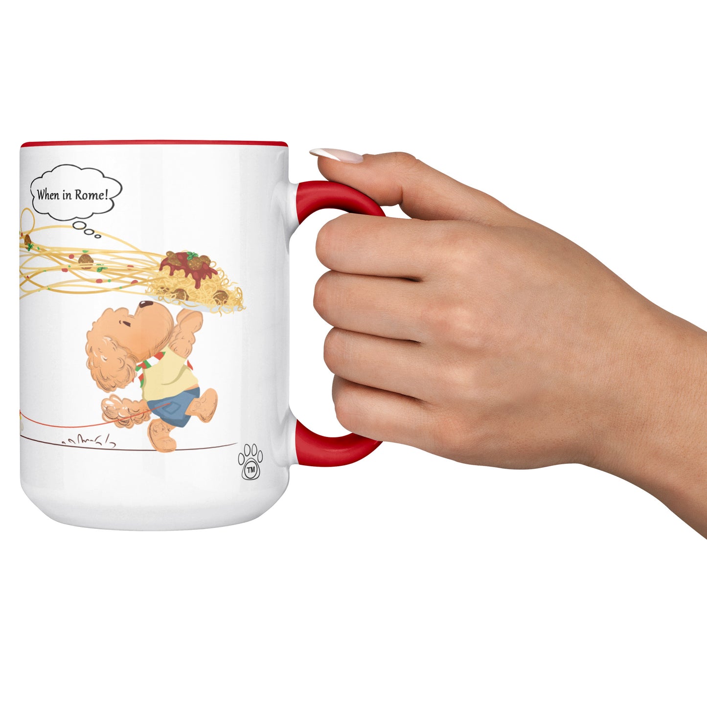 Coffee Mug - Unique - Rome - Pasta - Dog - Red - White - 15 oz