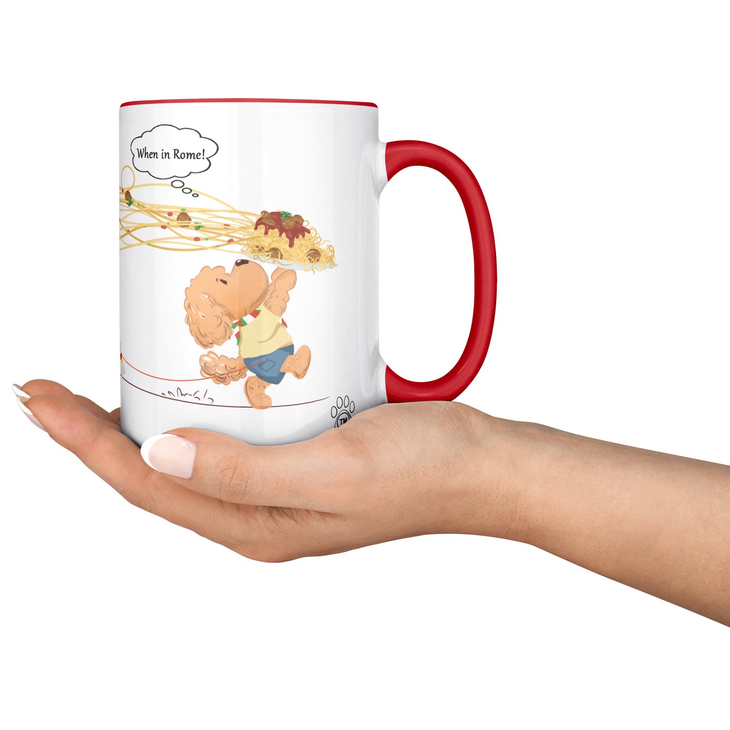 Coffee Mug - Unique - Rome - Pasta - Dog - Red - White - 15 oz