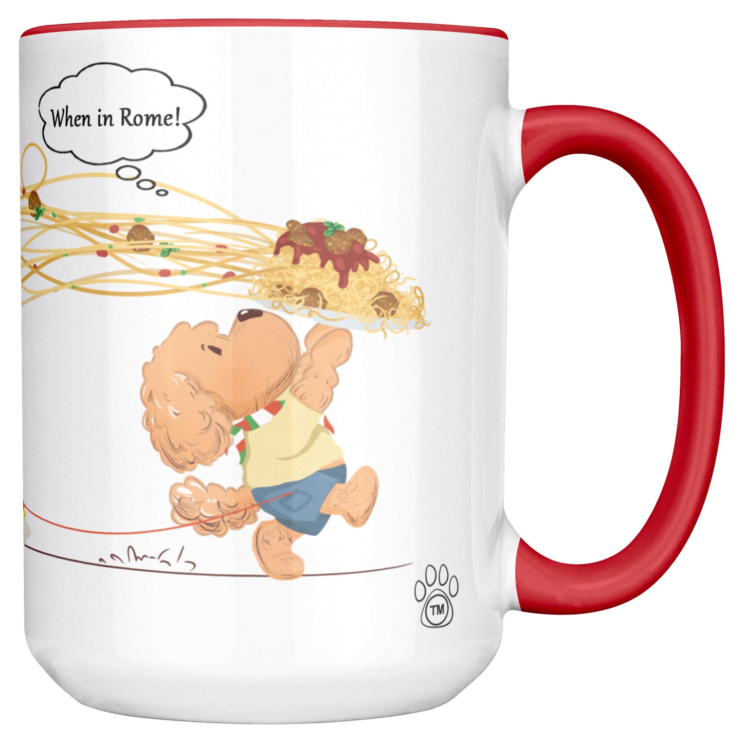 Coffee Mug - Unique - Rome - Pasta - Dog - Red - White - 15 oz