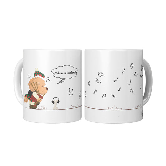 Coffee Mug - Unique - Scotland - Bagpipes - Dog - White - 11 oz