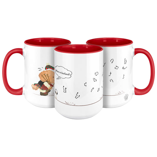 Coffee Mug - Unique - Scotland - Bagpipes - Dog - Red - White - 15 oz