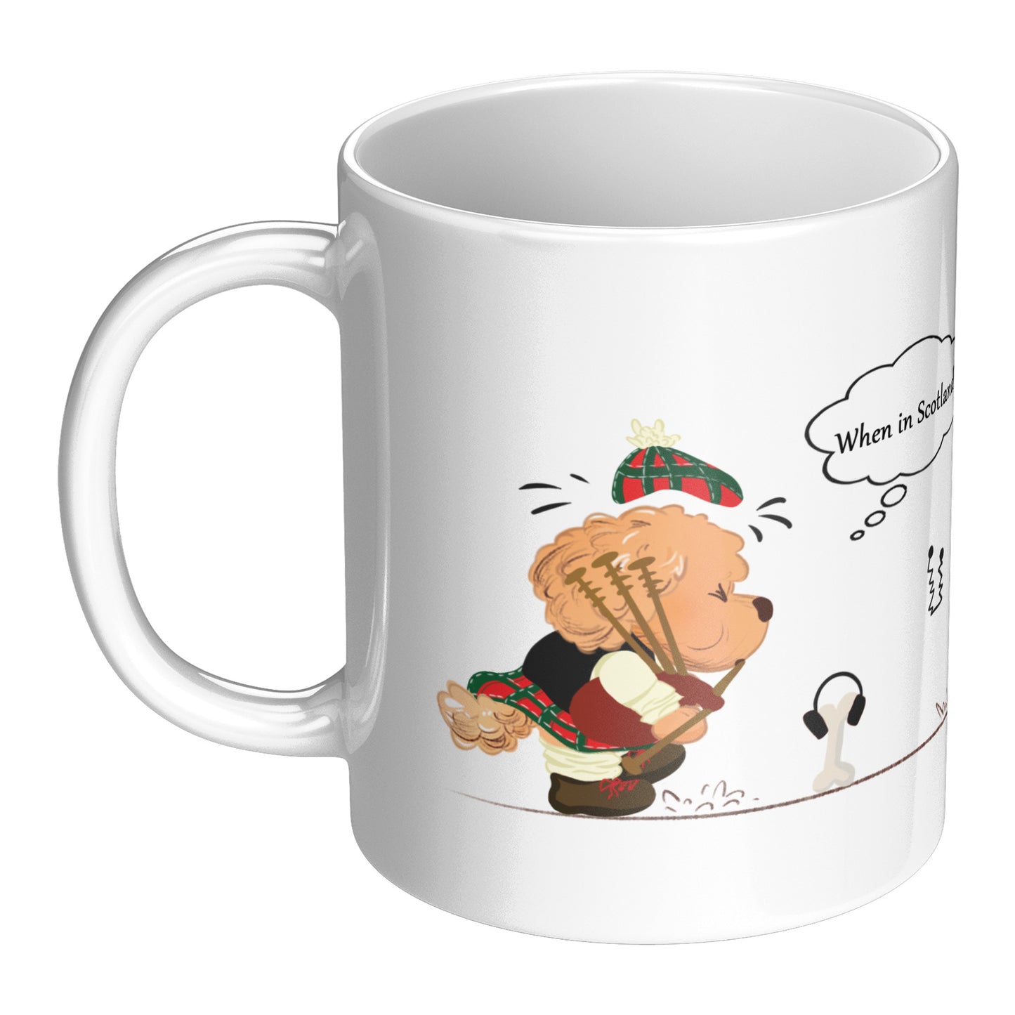 Coffee Mug - Unique - Scotland - Bagpipes - Dog - White - 11 oz