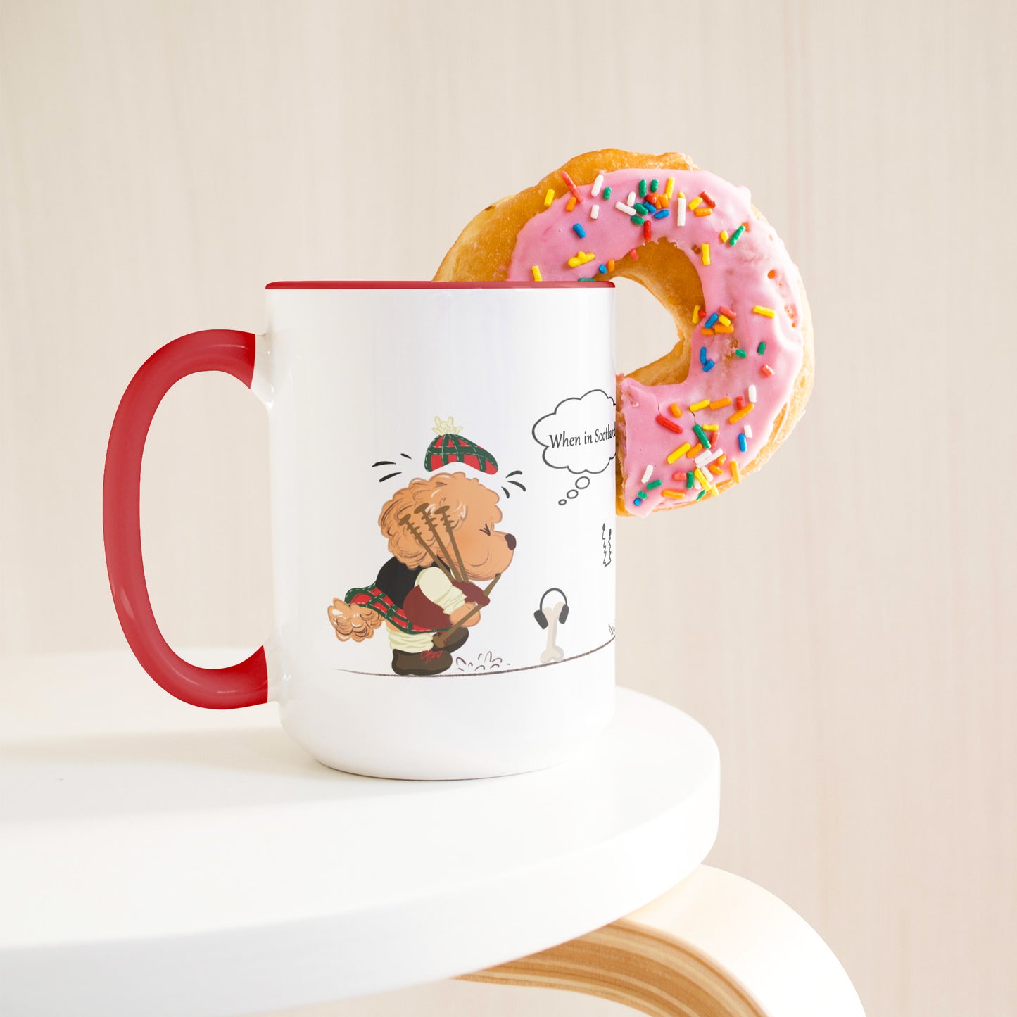 Coffee Mug - Unique - Scotland - Bagpipes - Dog - Red - White - 15 oz