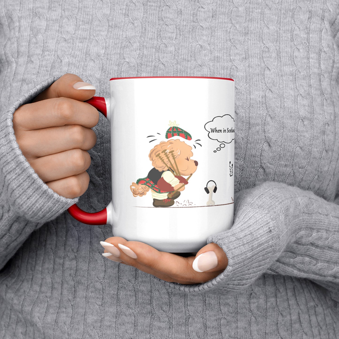 Coffee Mug - Unique - Scotland - Bagpipes - Dog - Red - White - 15 oz