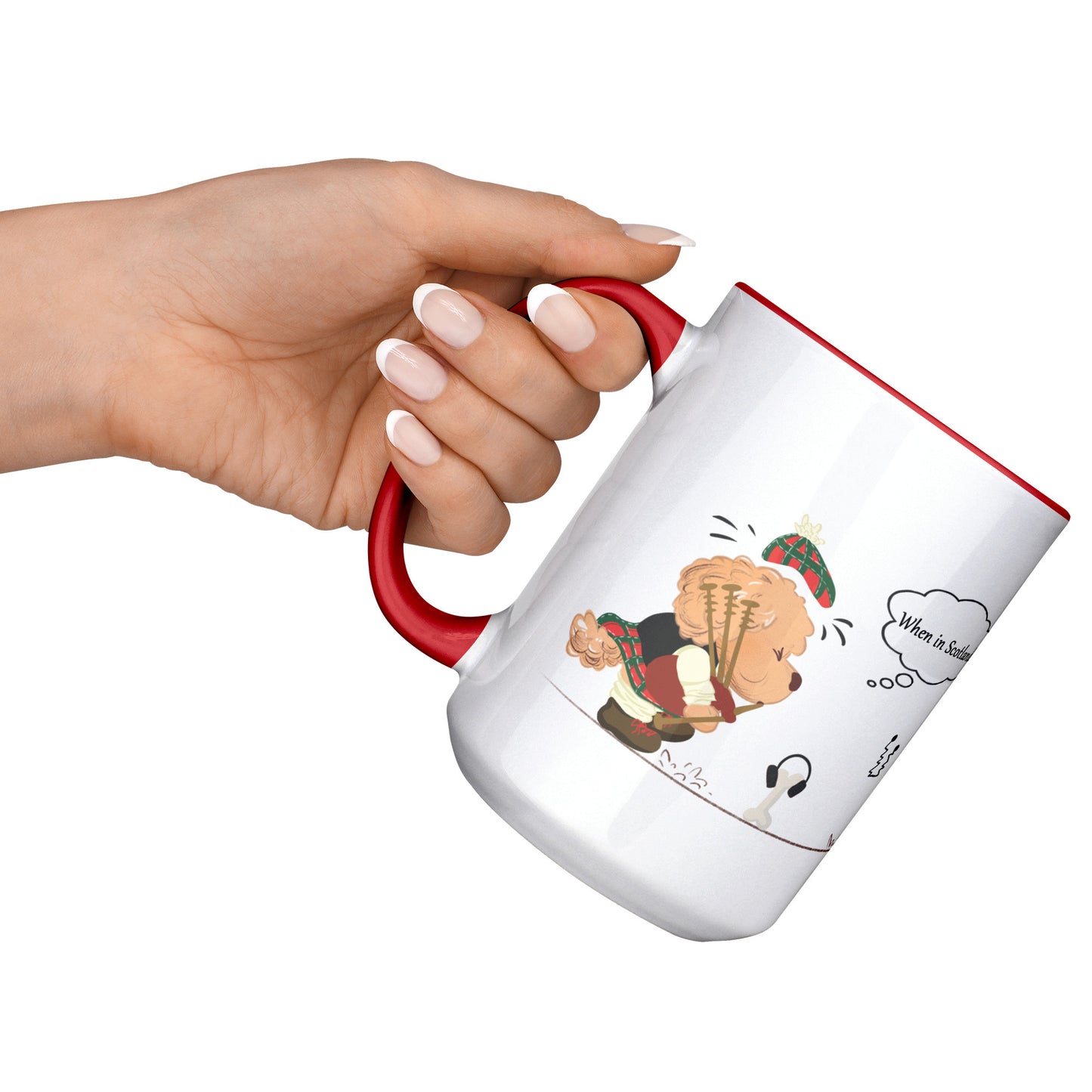 Coffee Mug - Unique - Scotland - Bagpipes - Dog - Red - White - 15 oz