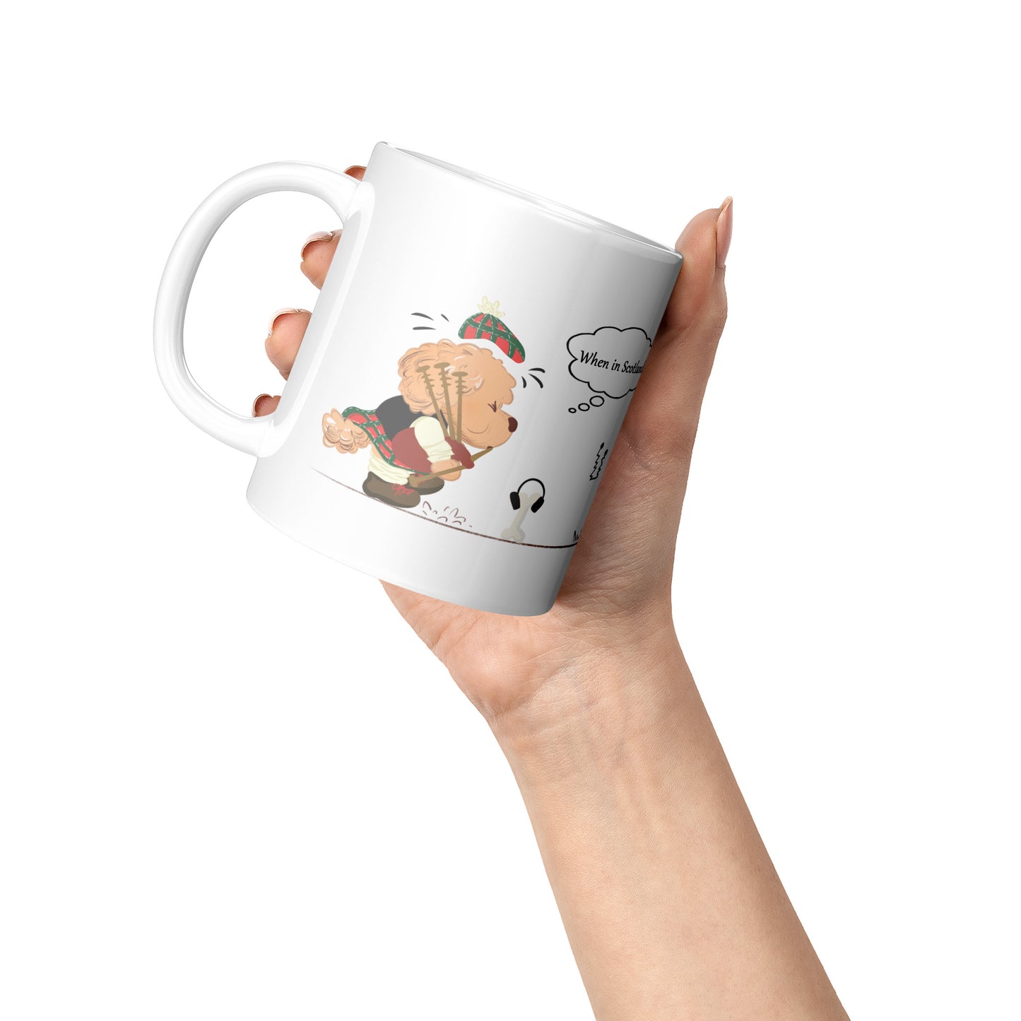 Coffee Mug - Unique - Scotland - Bagpipes - Dog - White - 11 oz
