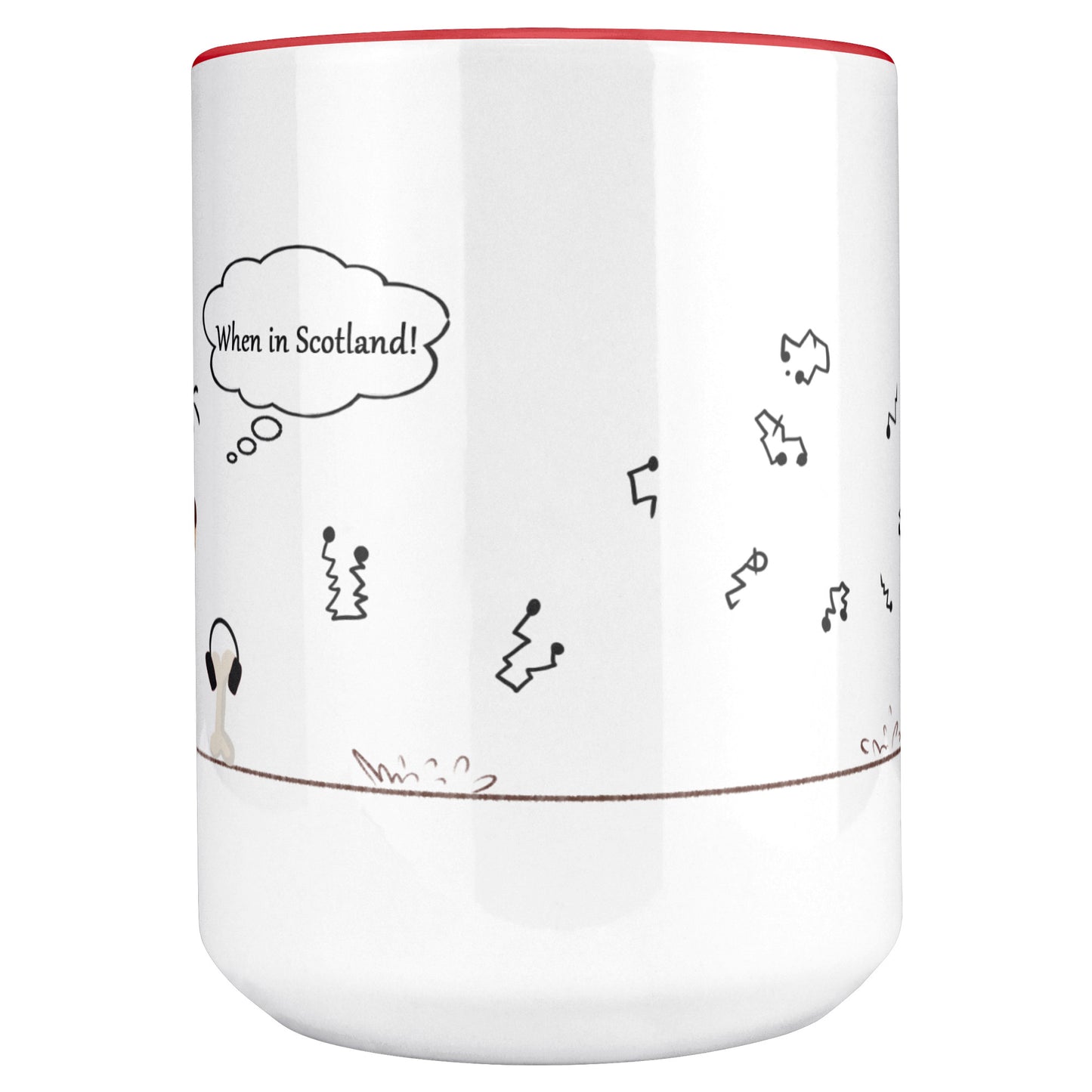 Coffee Mug - Unique - Scotland - Bagpipes - Dog - Red - White - 15 oz