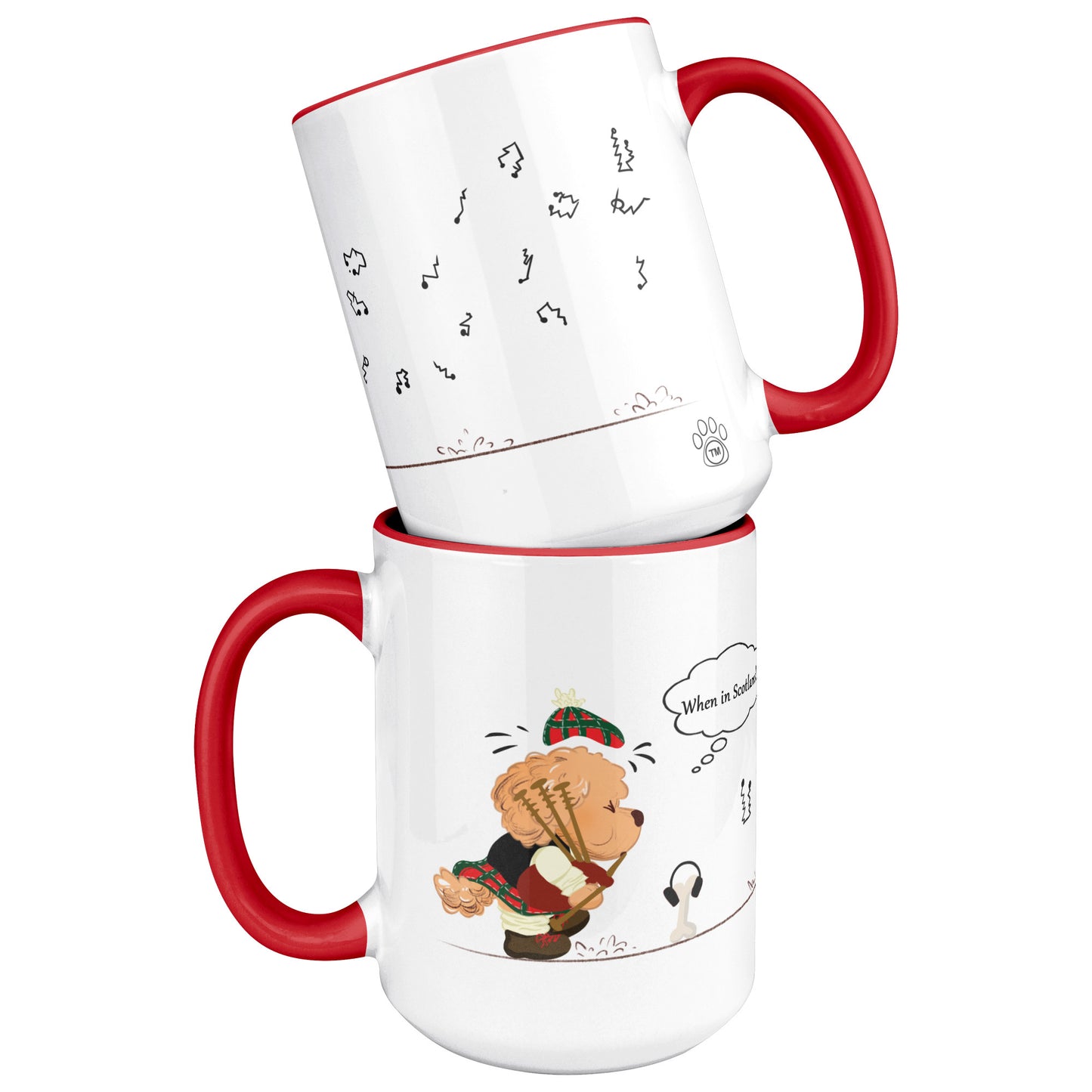 Coffee Mug - Unique - Scotland - Bagpipes - Dog - Red - White - 15 oz