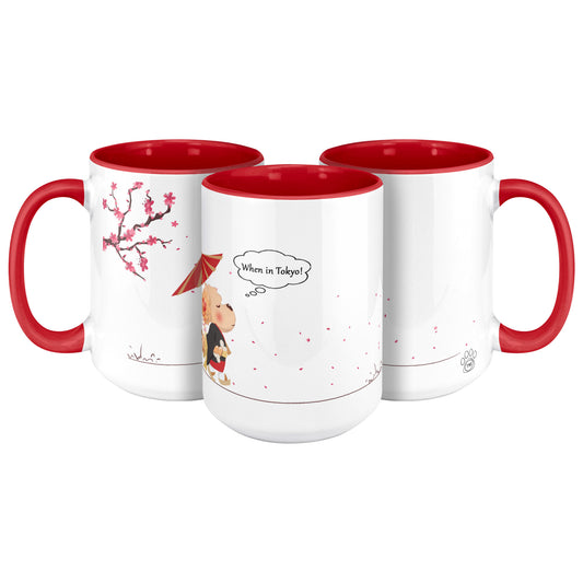 Coffee Mug - Unique - Tokyo - Tree - Dog - Red - White - 15 oz
