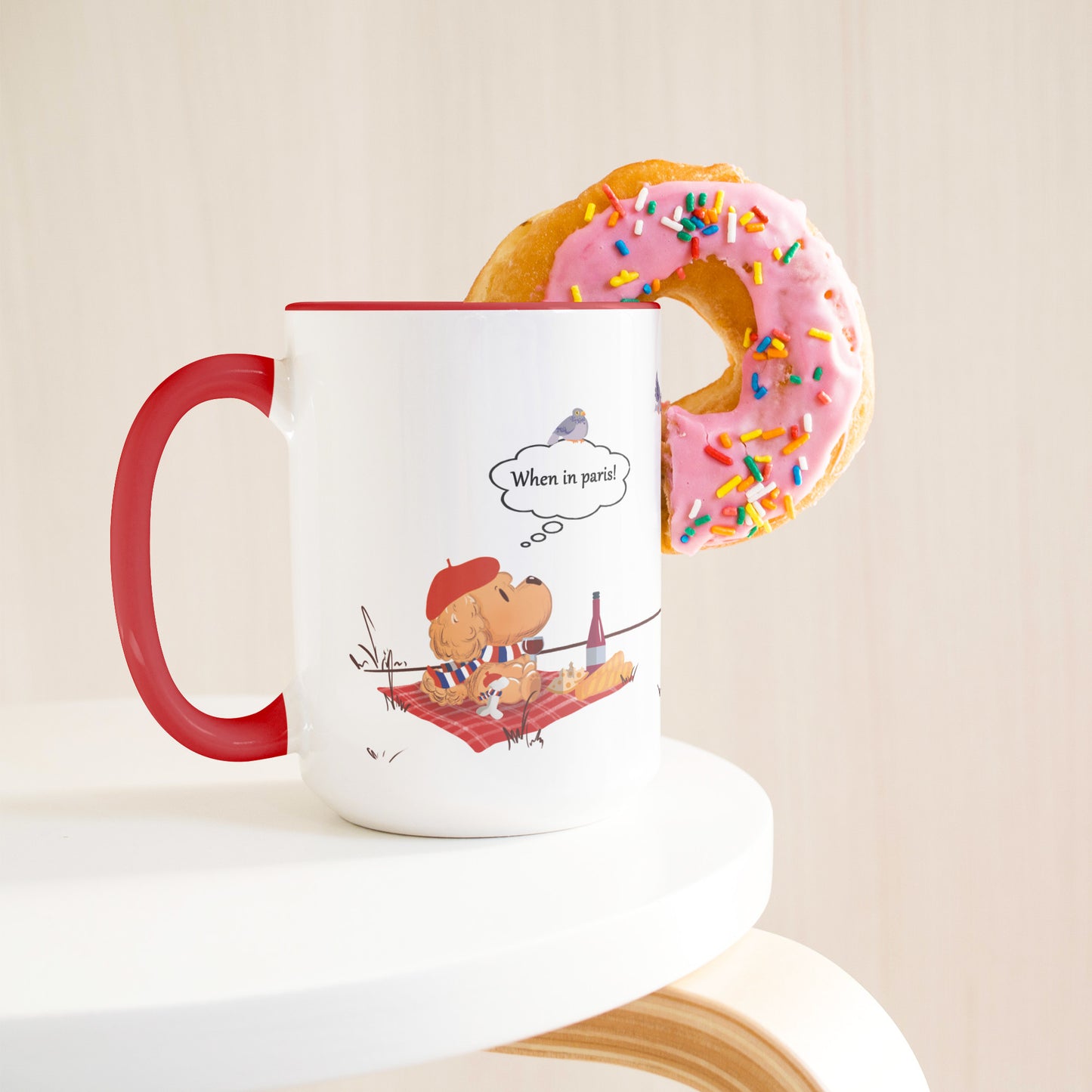 Coffee Mug - Unique - Paris - Picnic - Dog - Red - White - 15 oz