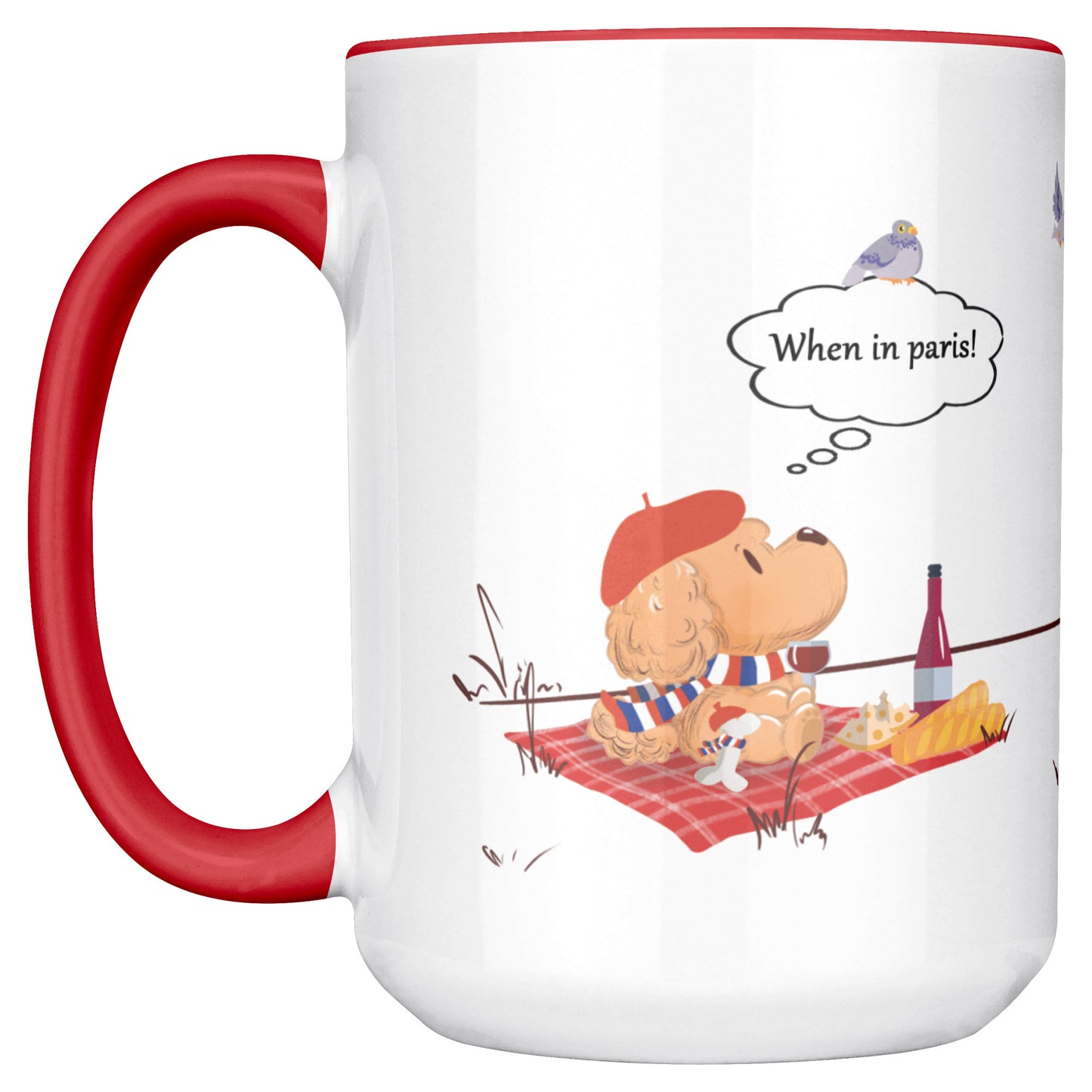 Coffee Mug - Unique - Paris - Picnic - Dog - Red - White - 15 oz