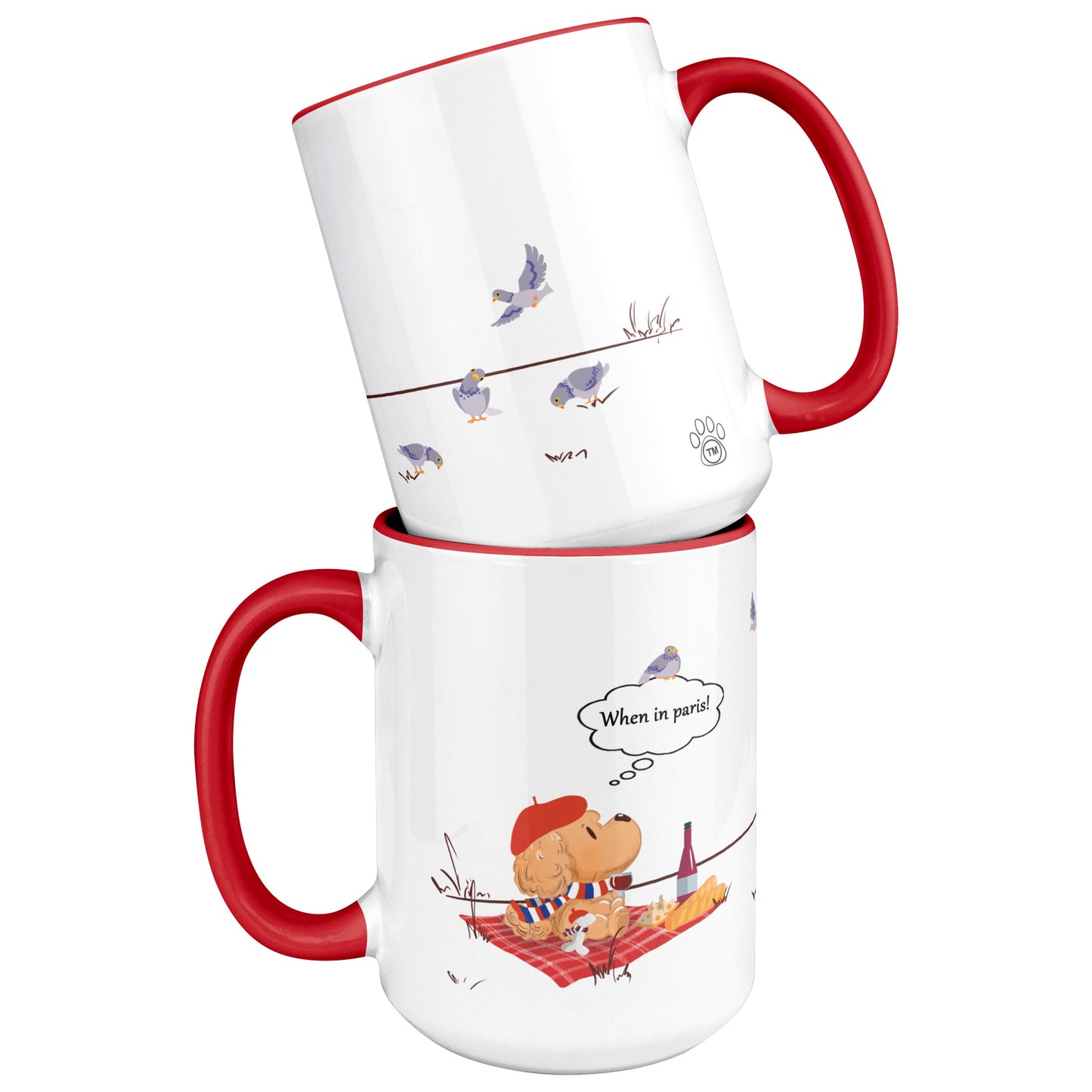 Coffee Mug - Unique - Paris - Picnic - Dog - Red - White - 15 oz